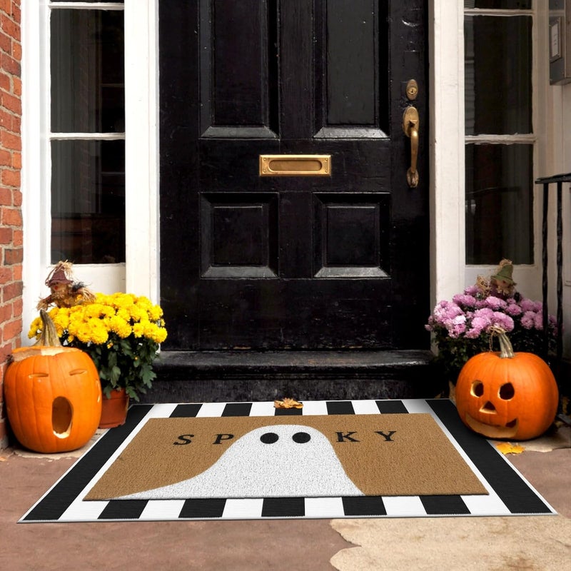 Tinideya 2 Pcs Halloween Doormat Spooky Ghost Outdoor Welcome Mats for Front Door Non Slip Ghost Coir Floor Mat Black White Stripe Halloween Rug for Outside Front Porch Entryway Decor - Image 5